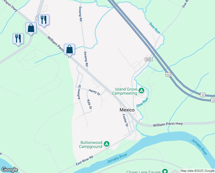 map of restaurants, bars, coffee shops, grocery stores, and more near 6489 William Penn Highway in Mifflintown