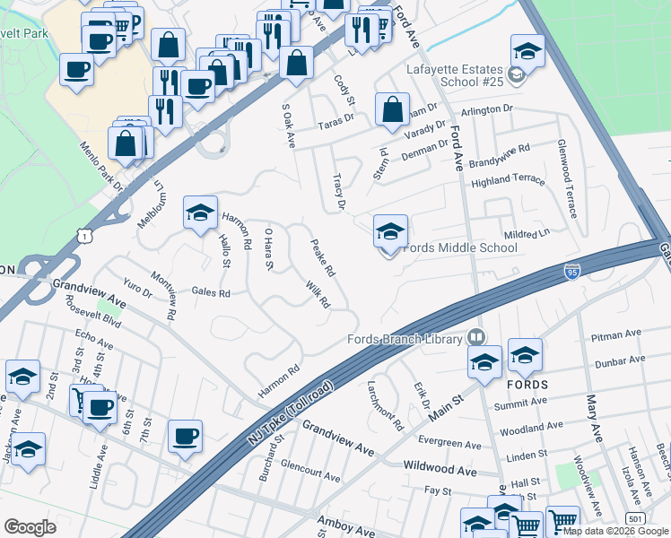 map of restaurants, bars, coffee shops, grocery stores, and more near 21 Peake Road in Edison