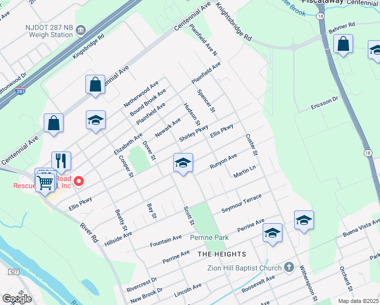 map of restaurants, bars, coffee shops, grocery stores, and more near 508 Ellis Parkway in Piscataway