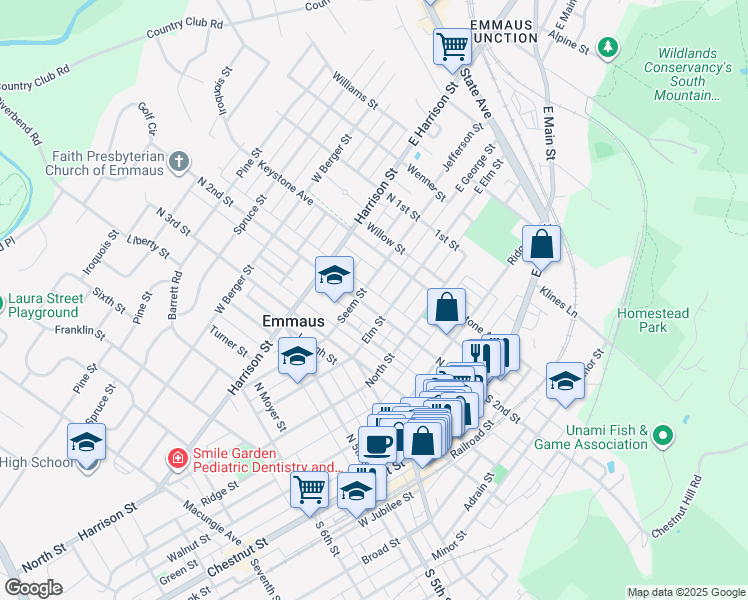 map of restaurants, bars, coffee shops, grocery stores, and more near 184 Seem Street in Emmaus