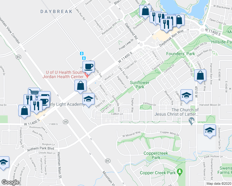map of restaurants, bars, coffee shops, grocery stores, and more near 11623 Grandville Avenue in South Jordan