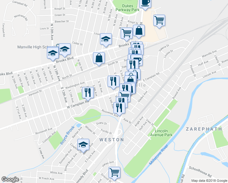 map of restaurants, bars, coffee shops, grocery stores, and more near 500 West Camplain Road in Manville