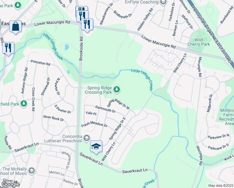 map of restaurants, bars, coffee shops, grocery stores, and more near 5586 Spring Ridge Drive West in Macungie