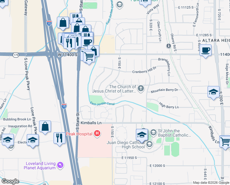 map of restaurants, bars, coffee shops, grocery stores, and more near 168 Harvest Berry Place in Draper