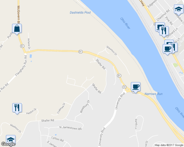 map of restaurants, bars, coffee shops, grocery stores, and more near 220 Westminster Drive in Coraopolis
