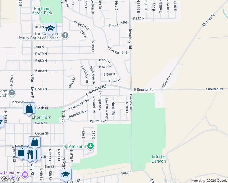 map of restaurants, bars, coffee shops, grocery stores, and more near 812 East 500 North in Tooele