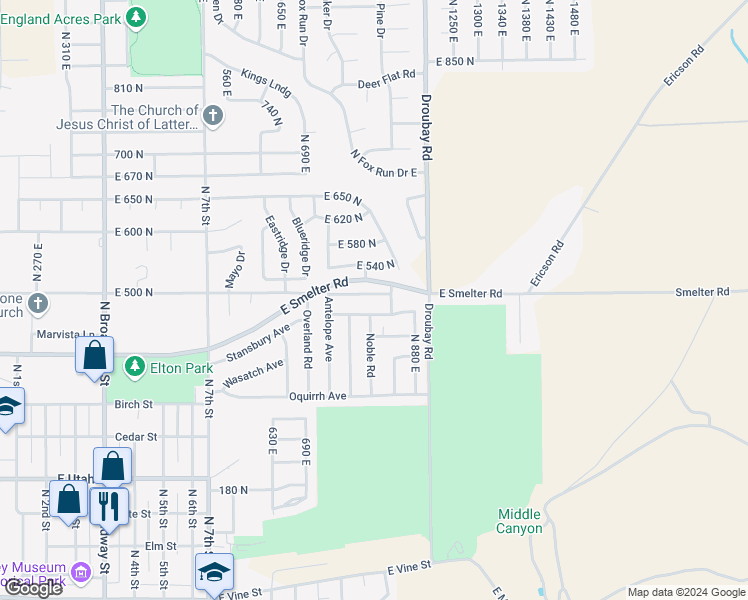 map of restaurants, bars, coffee shops, grocery stores, and more near 812 East 500 North in Tooele