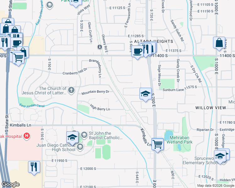 map of restaurants, bars, coffee shops, grocery stores, and more near 11623 Thornberry Drive in Draper