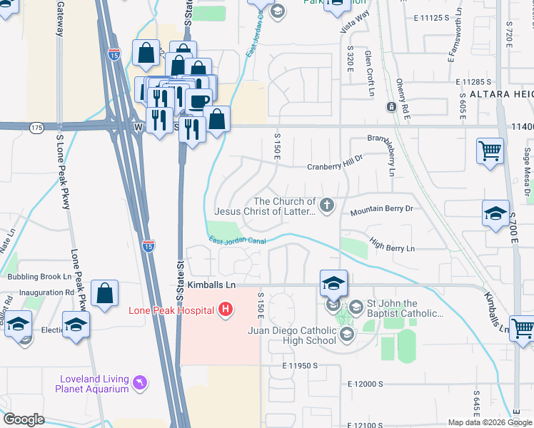 map of restaurants, bars, coffee shops, grocery stores, and more near 168 Harvest Berry Place in Draper