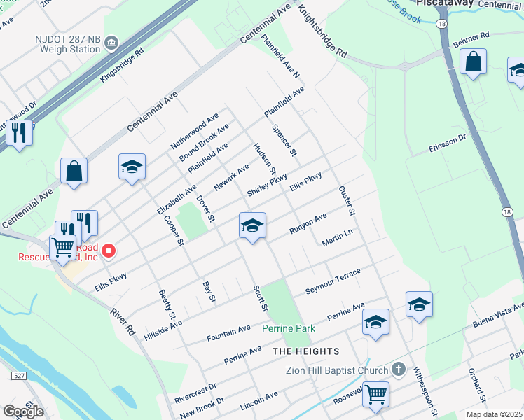 map of restaurants, bars, coffee shops, grocery stores, and more near 508 Ellis Parkway in Piscataway