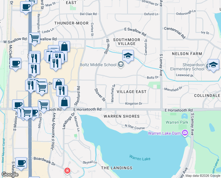 map of restaurants, bars, coffee shops, grocery stores, and more near 3412 Hampton Drive in Fort Collins