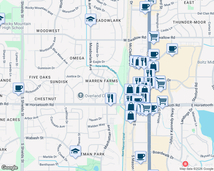 map of restaurants, bars, coffee shops, grocery stores, and more near 3421 Bale Drive in Fort Collins