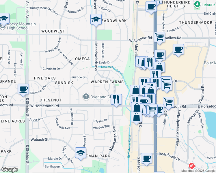 map of restaurants, bars, coffee shops, grocery stores, and more near 3421 Bale Drive in Fort Collins