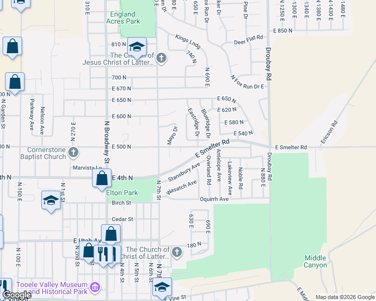 map of restaurants, bars, coffee shops, grocery stores, and more near 632 East 500 North in Tooele