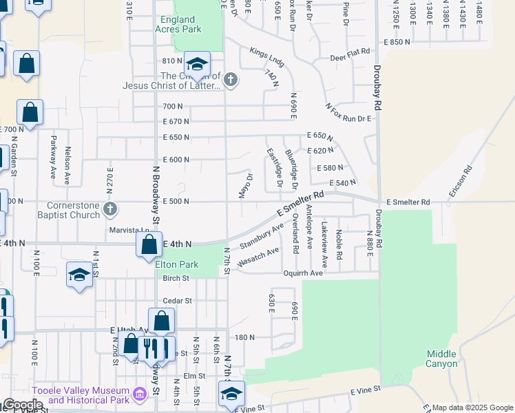 map of restaurants, bars, coffee shops, grocery stores, and more near 632 East 500 North in Tooele