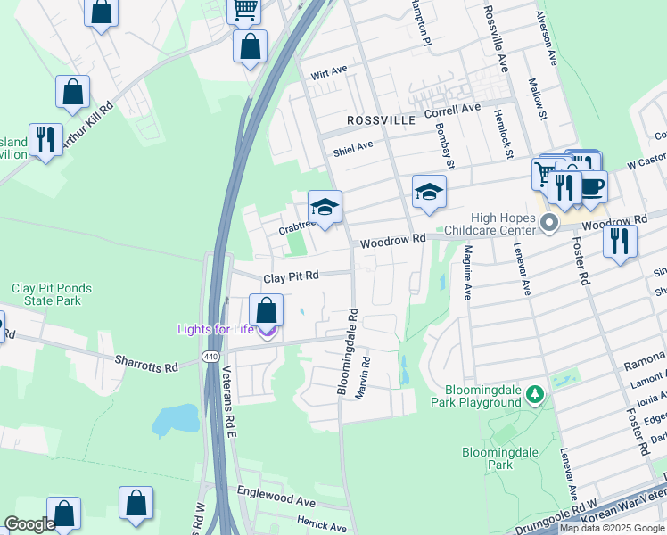 map of restaurants, bars, coffee shops, grocery stores, and more near 27 Clay Pit Road in Staten Island