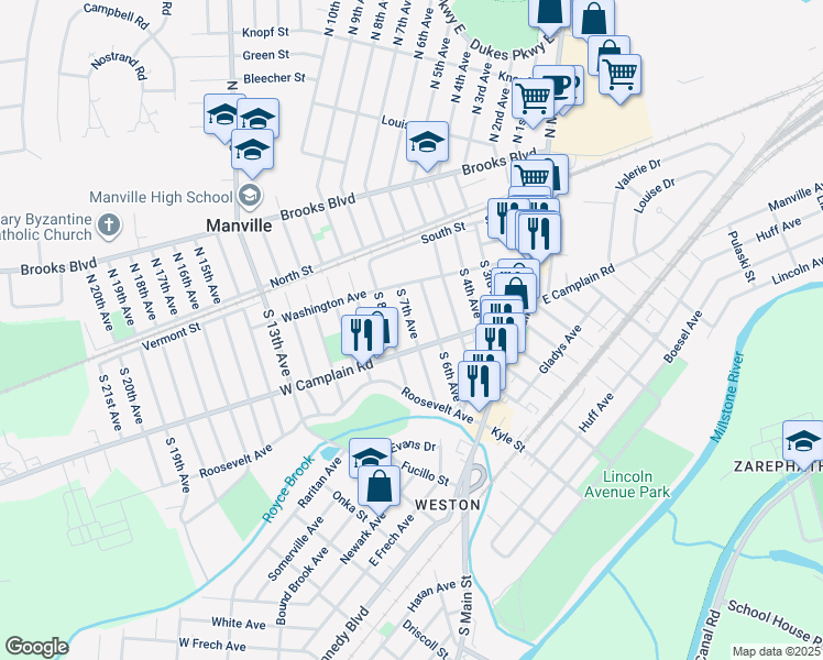 map of restaurants, bars, coffee shops, grocery stores, and more near 147 South 7th Avenue in Manville