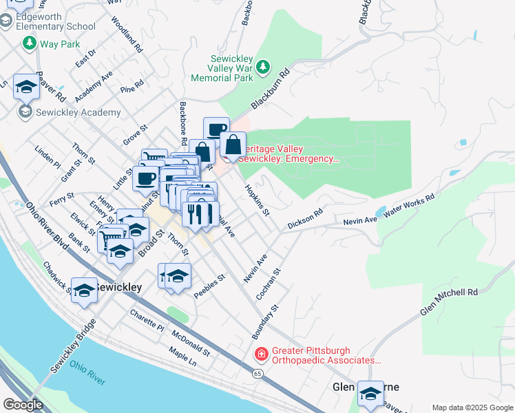 map of restaurants, bars, coffee shops, grocery stores, and more near 707 Hopkins Street in Sewickley