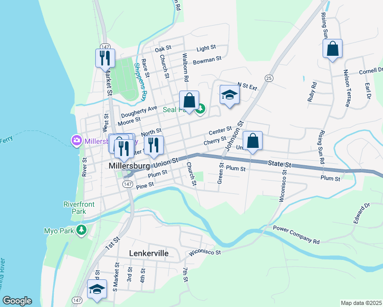map of restaurants, bars, coffee shops, grocery stores, and more near 515 Union Street in Millersburg