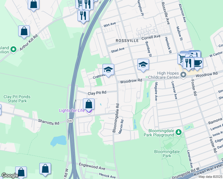 map of restaurants, bars, coffee shops, grocery stores, and more near 27 Clay Pit Road in Staten Island