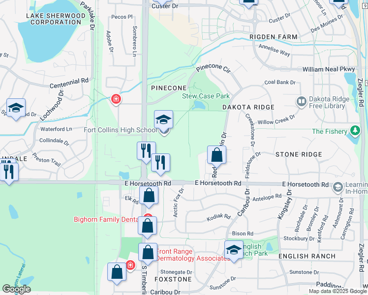 map of restaurants, bars, coffee shops, grocery stores, and more near 3400 Lambkin Way in Fort Collins