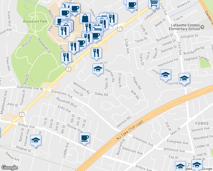 map of restaurants, bars, coffee shops, grocery stores, and more near 10 Hallo Street in Edison