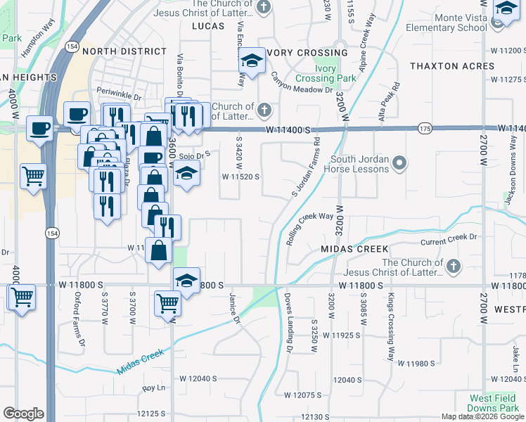 map of restaurants, bars, coffee shops, grocery stores, and more near 3372 West Waterbridge Cove in South Jordan