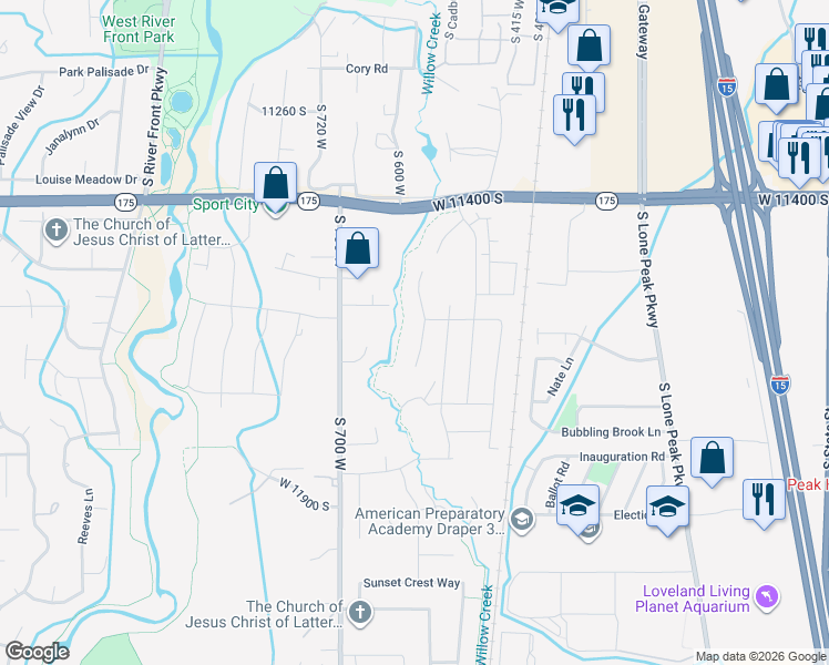 map of restaurants, bars, coffee shops, grocery stores, and more near 11622 Wildrye Field Way in Draper