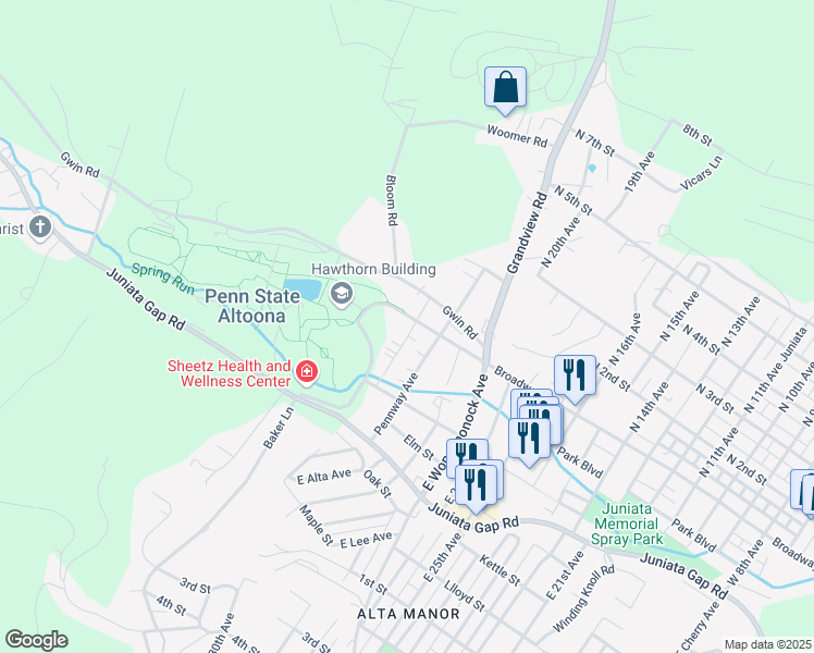 map of restaurants, bars, coffee shops, grocery stores, and more near 530 East Park Avenue in Altoona