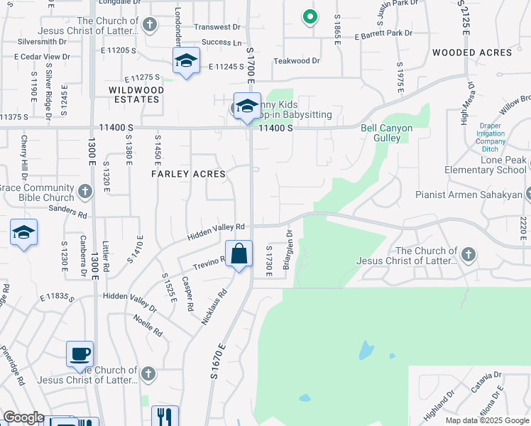 map of restaurants, bars, coffee shops, grocery stores, and more near 11613 South 1725 East in Sandy