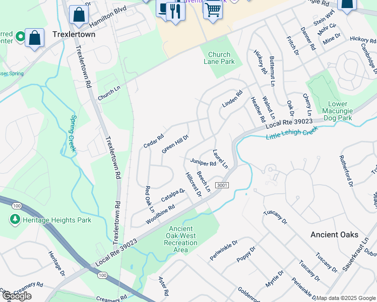 map of restaurants, bars, coffee shops, grocery stores, and more near 7342 Hillcrest Drive in Macungie