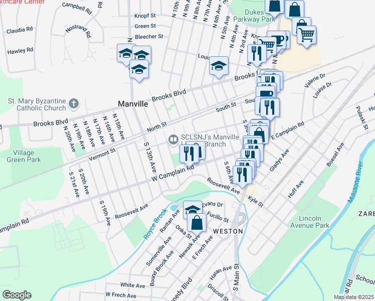 map of restaurants, bars, coffee shops, grocery stores, and more near 131-133 North 9th Avenue in Manville