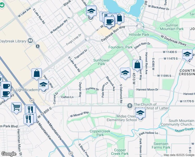 map of restaurants, bars, coffee shops, grocery stores, and more near 11606 Radience Lane in South Jordan