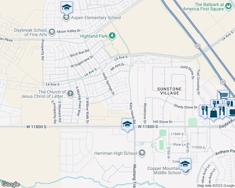 map of restaurants, bars, coffee shops, grocery stores, and more near 6179 West Sparrow View Drive in South Jordan