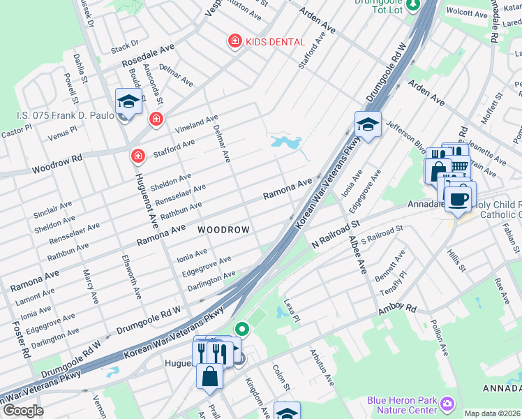map of restaurants, bars, coffee shops, grocery stores, and more near 451 Lamont Avenue in Staten Island