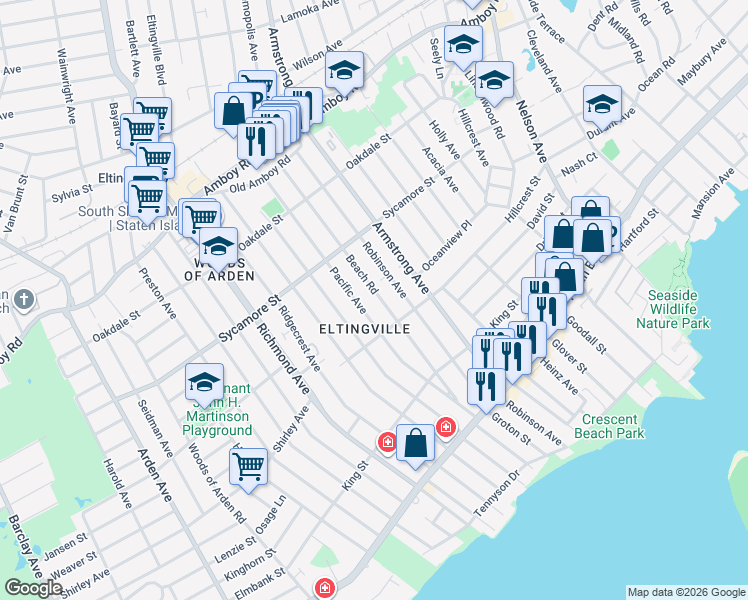 map of restaurants, bars, coffee shops, grocery stores, and more near 289 Beach Road in Staten Island