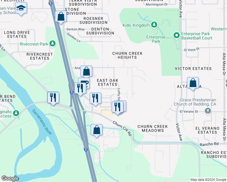 map of restaurants, bars, coffee shops, grocery stores, and more near 1271 Mighty Oak Lane in Redding