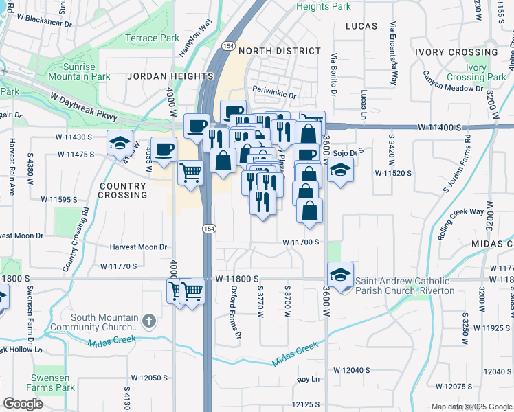 map of restaurants, bars, coffee shops, grocery stores, and more near 11610 District Drive in South Jordan