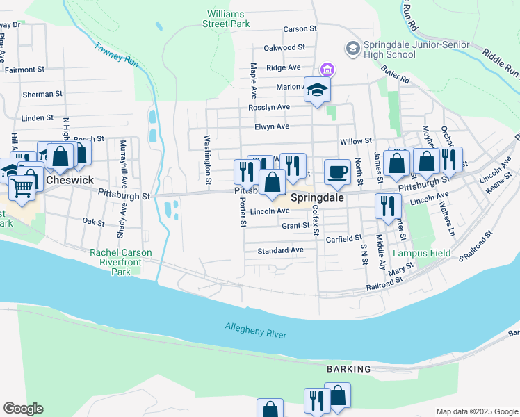 map of restaurants, bars, coffee shops, grocery stores, and more near 417 Lincoln Avenue in Springdale