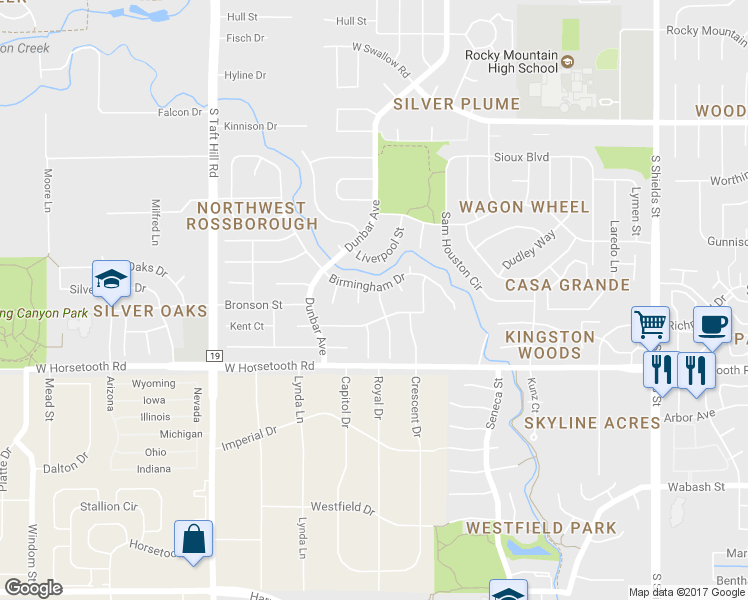 map of restaurants, bars, coffee shops, grocery stores, and more near 3407 Westminster Street in Fort Collins