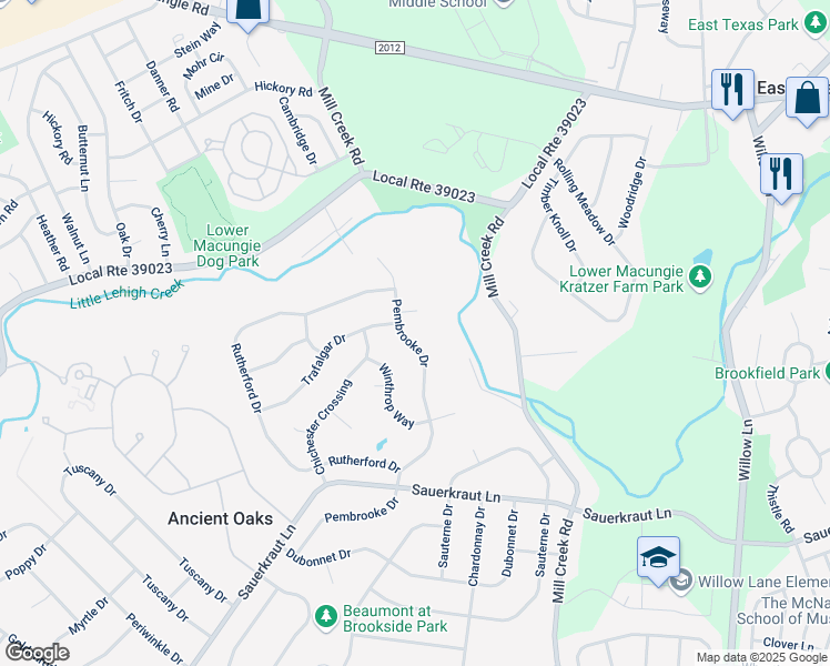 map of restaurants, bars, coffee shops, grocery stores, and more near 1877 Pembrooke Dr in Macungie