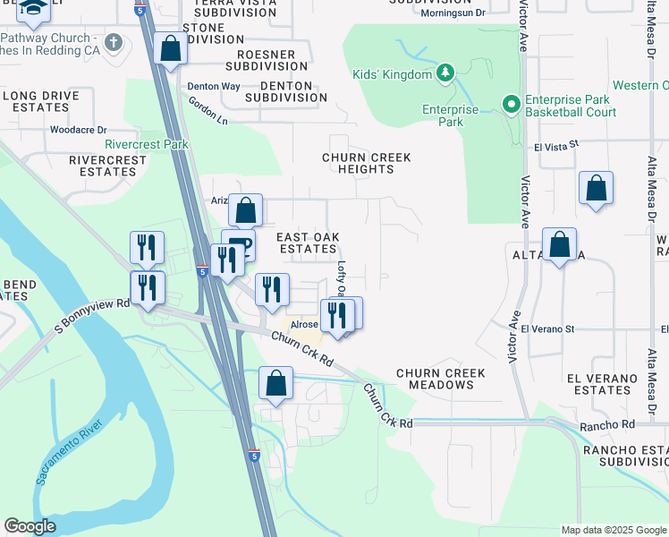 map of restaurants, bars, coffee shops, grocery stores, and more near 1271 Mighty Oak Lane in Redding