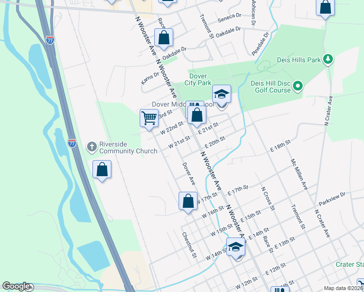 map of restaurants, bars, coffee shops, grocery stores, and more near 120 W 21st St in Dover