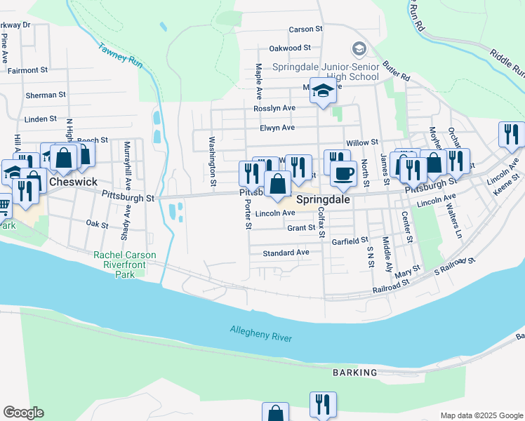 map of restaurants, bars, coffee shops, grocery stores, and more near 413 Lincoln Avenue in Springdale