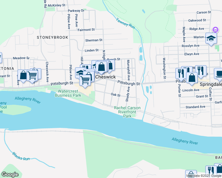 map of restaurants, bars, coffee shops, grocery stores, and more near 112 Allegheny Avenue in Cheswick