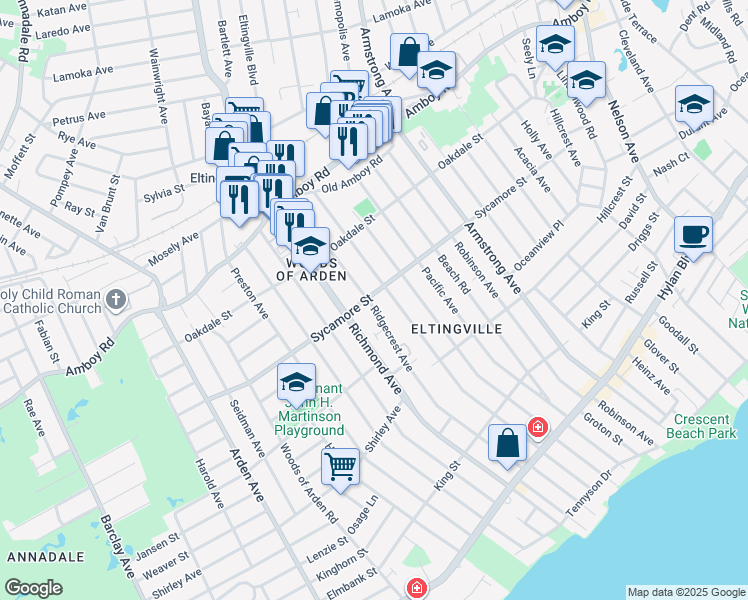 map of restaurants, bars, coffee shops, grocery stores, and more near 281 Sycamore Street in Staten Island