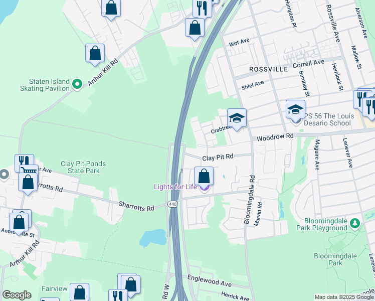 map of restaurants, bars, coffee shops, grocery stores, and more near 155 Clay Pit Road in Staten Island