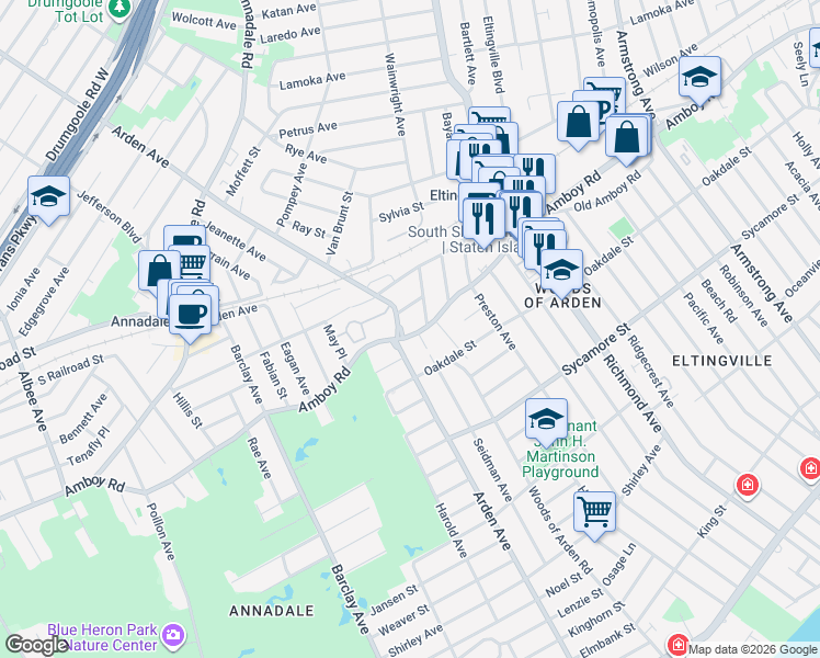 map of restaurants, bars, coffee shops, grocery stores, and more near 1225 Arden Avenue in Staten Island
