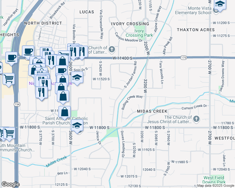 map of restaurants, bars, coffee shops, grocery stores, and more near 11608 South Jordan Farms Road in South Jordan