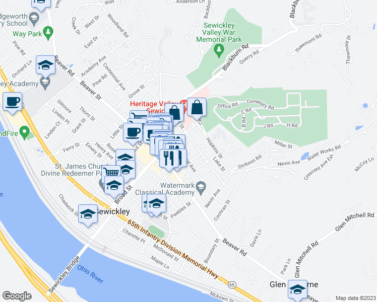 map of restaurants, bars, coffee shops, grocery stores, and more near 611 Lincoln Place in Sewickley